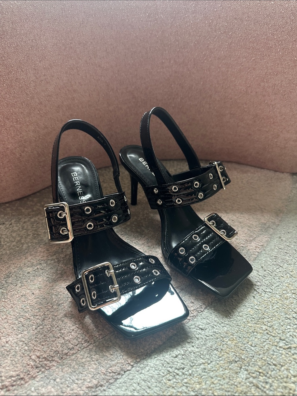 Black Patent Buckle Strap Heels